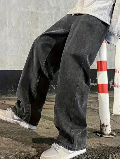 Loose Fit Men's Cotton Jeans With Slant Pockets Baggy Long Washed Skater Jean